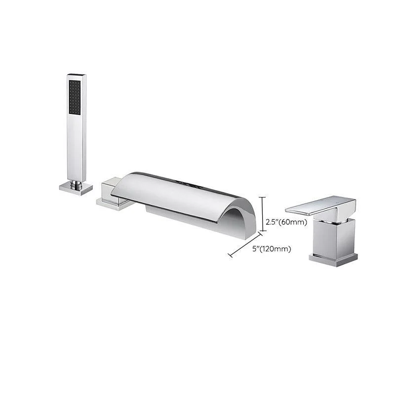 Modern Waterfall Tub Spout 2 Handles Deck Mount Roman Tub Tap in Black and Chrome -Bathlova