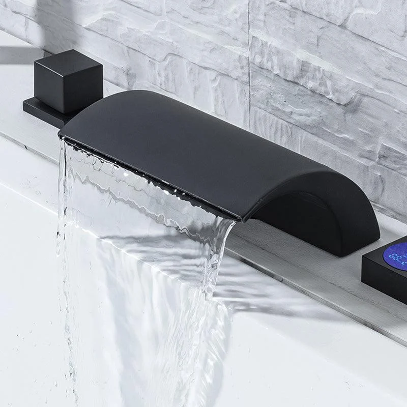 Modern Waterfall Tub Spout 2 Handles Deck Mount Roman Tub Tap in Black and Chrome -Bathlova