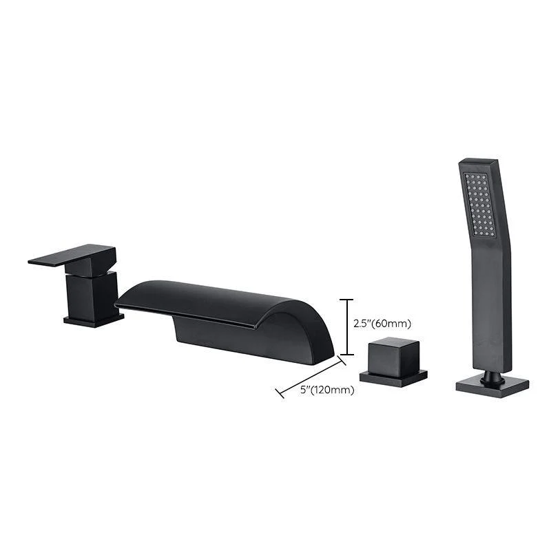 Modern Waterfall Tub Spout 2 Handles Deck Mount Roman Tub Tap in Black and Chrome -Bathlova