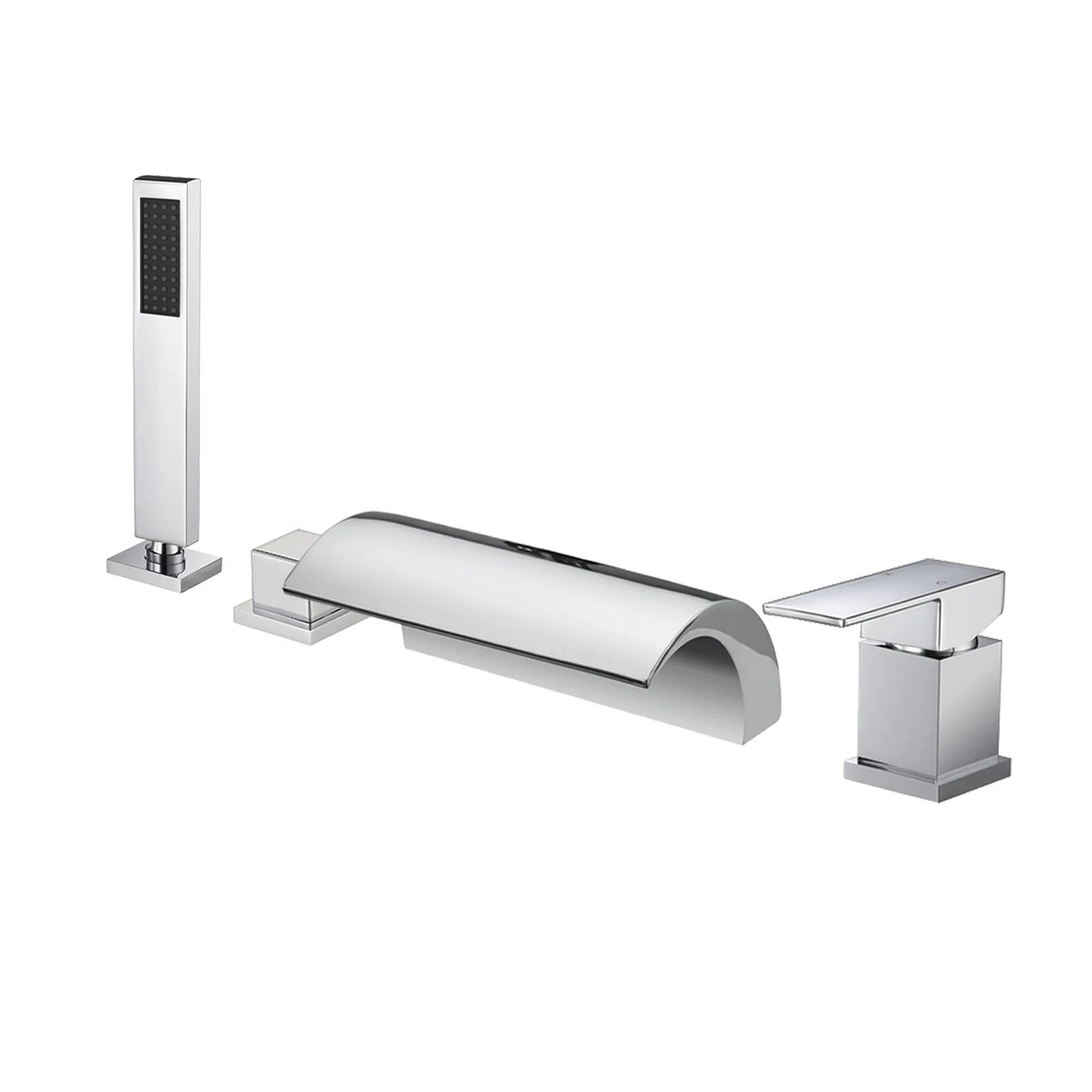 Modern Waterfall Tub Spout 2 Handles Deck Mount Roman Tub Tap in Black and Chrome -Bathlova