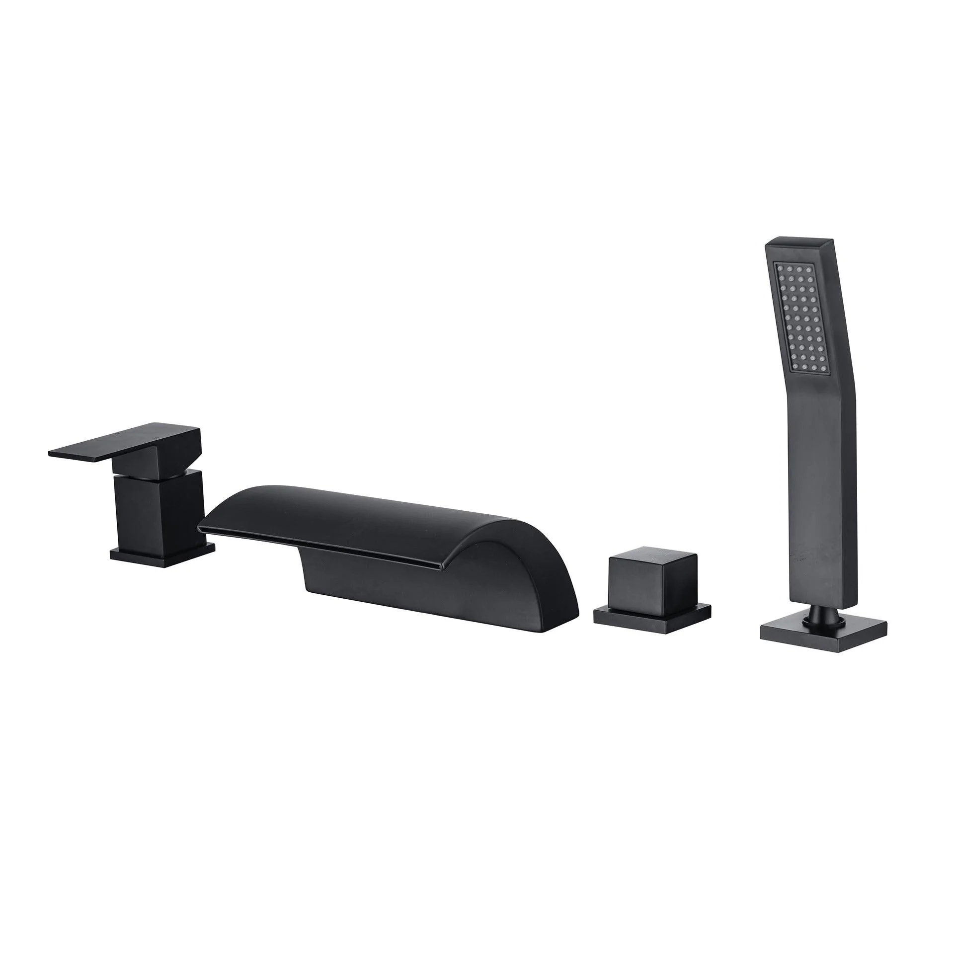 Modern Waterfall Tub Spout 2 Handles Deck Mount Roman Tub Tap in Black and Chrome -Bathlova