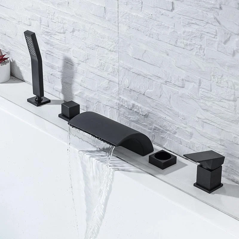 Modern Waterfall Tub Spout 2 Handles Deck Mount Roman Tub Tap in Black and Chrome -Bathlova