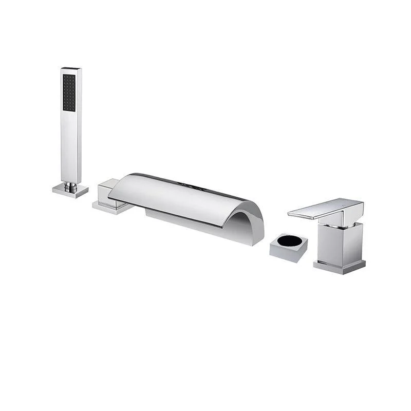 Modern Waterfall Tub Spout 2 Handles Deck Mount Roman Tub Tap in Black and Chrome -Bathlova