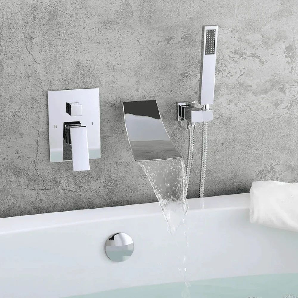 Modern Waterfall Wall-Mount Tub Filler Tap Single Handle & Handshower -Bathlova