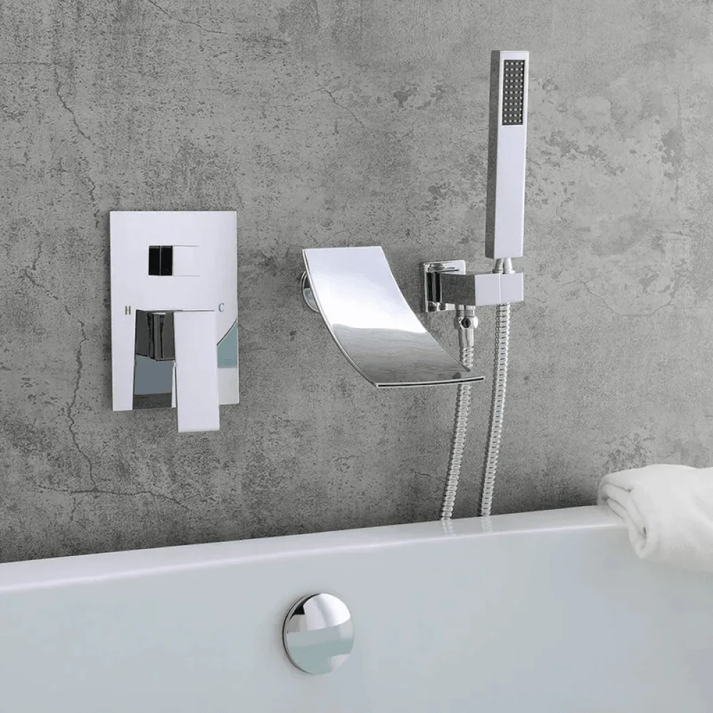 Modern Waterfall Wall-Mount Tub Filler Tap Single Handle & Handshower -Bathlova