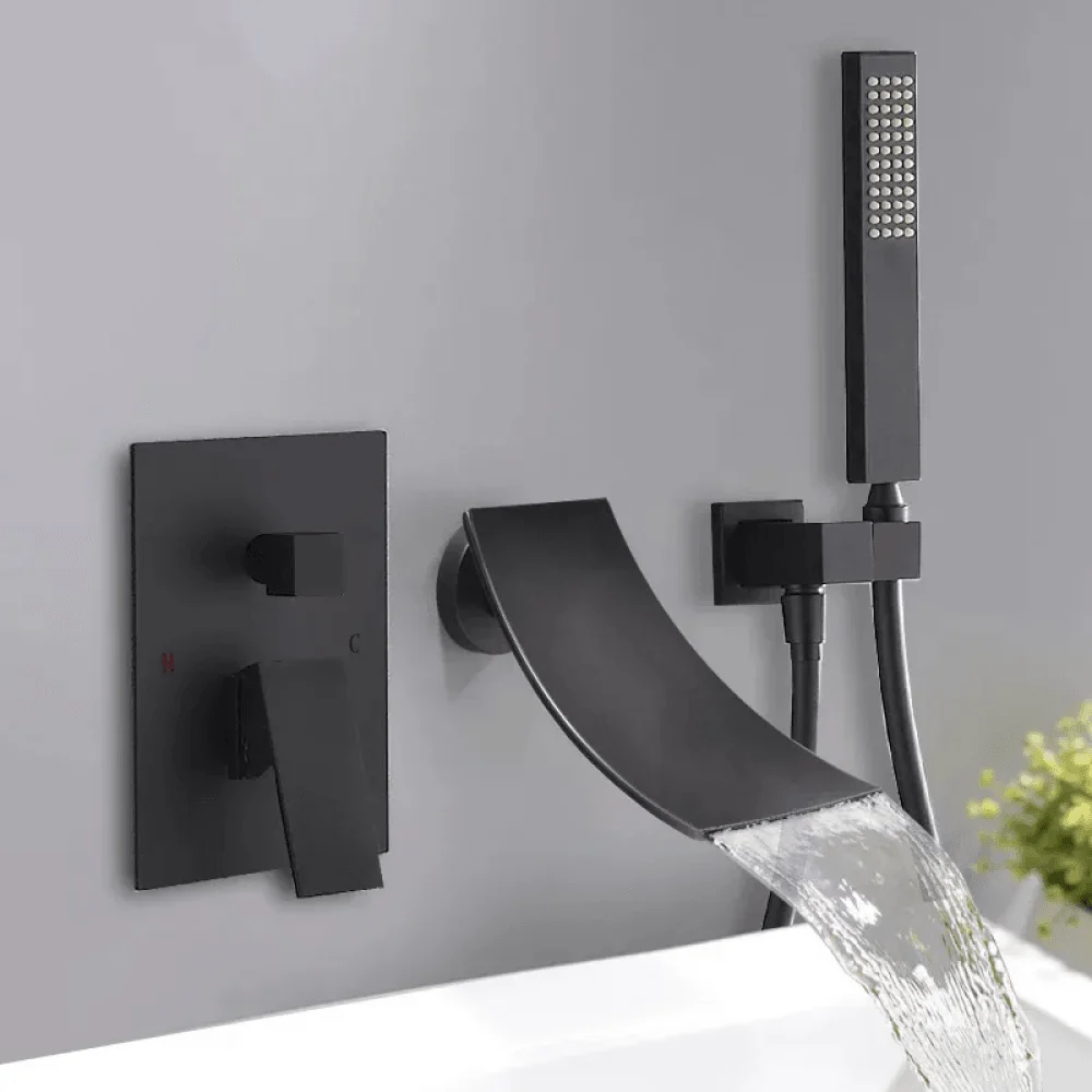 Modern Waterfall Wall-Mount Tub Filler Tap Single Handle & Handshower -Bathlova