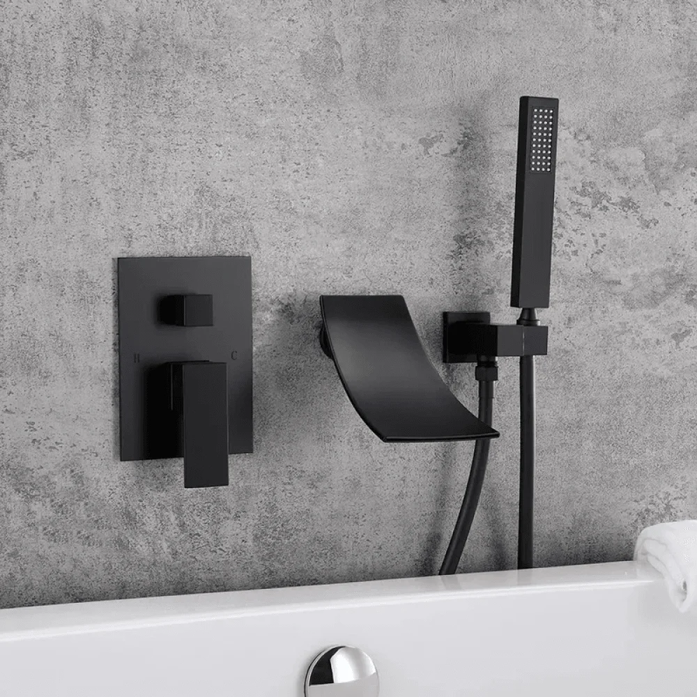 Modern Waterfall Wall-Mount Tub Filler Tap Single Handle & Handshower -Bathlova