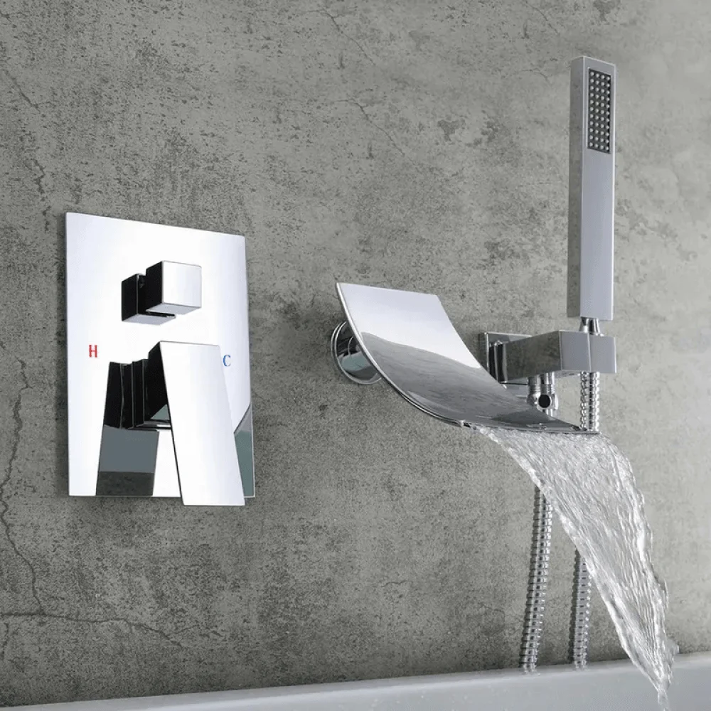 Modern Waterfall Wall-Mount Tub Filler Tap Single Handle & Handshower -Bathlova