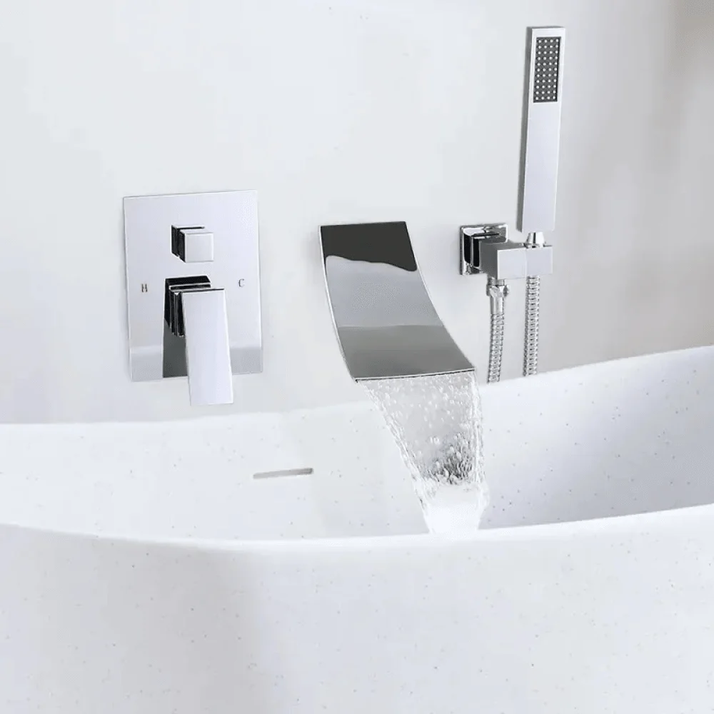 Modern Waterfall Wall-Mount Tub Filler Tap Single Handle & Handshower -Bathlova