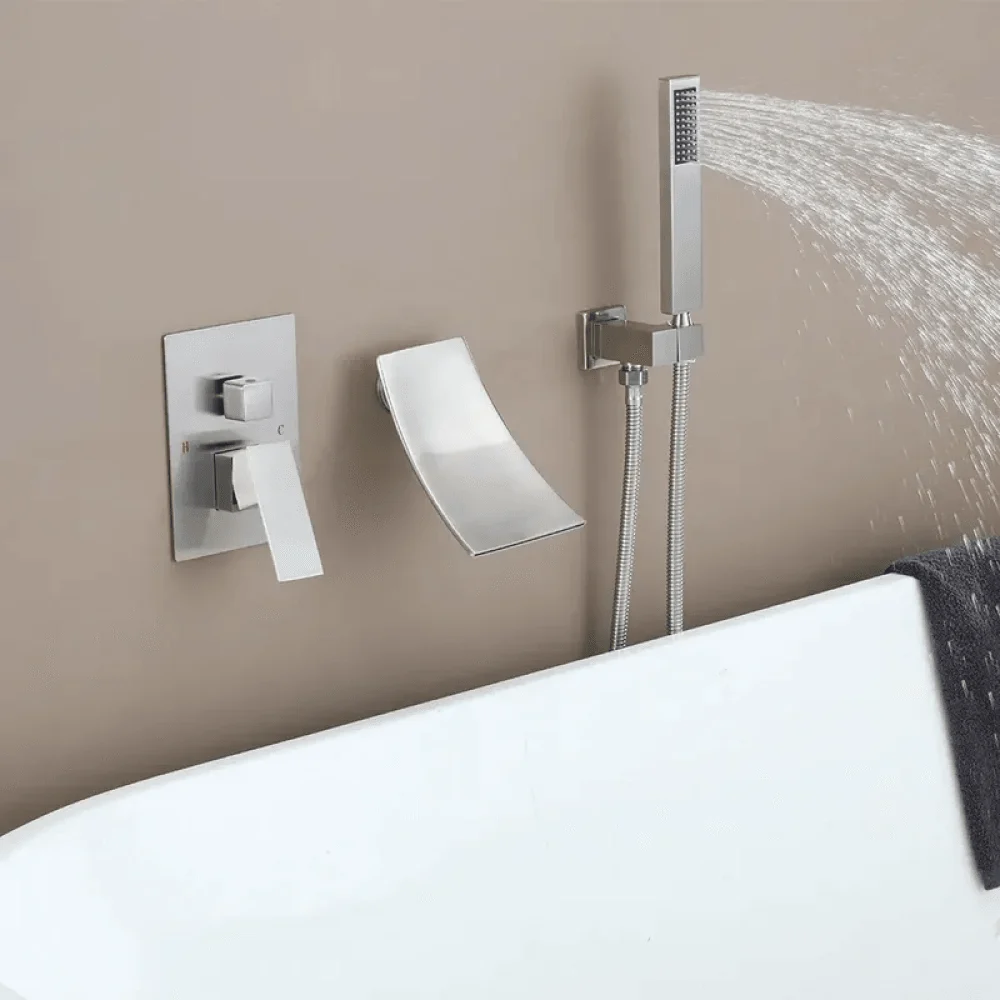 Modern Waterfall Wall-Mount Tub Filler Tap Single Handle & Handshower -Bathlova