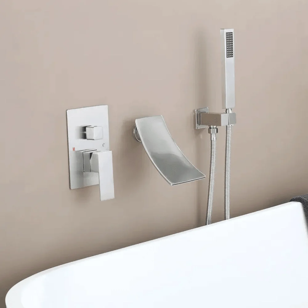 Modern Waterfall Wall-Mount Tub Filler Tap Single Handle & Handshower -Bathlova