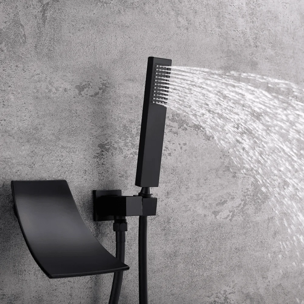 Modern Waterfall Wall-Mount Tub Filler Tap Single Handle & Handshower -Bathlova