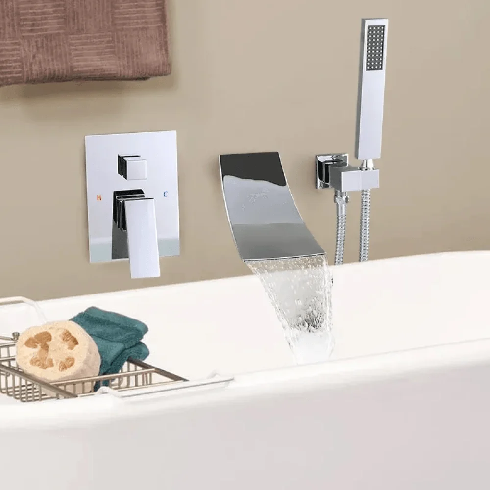 Modern Waterfall Wall-Mount Tub Filler Tap Single Handle & Handshower -Bathlova