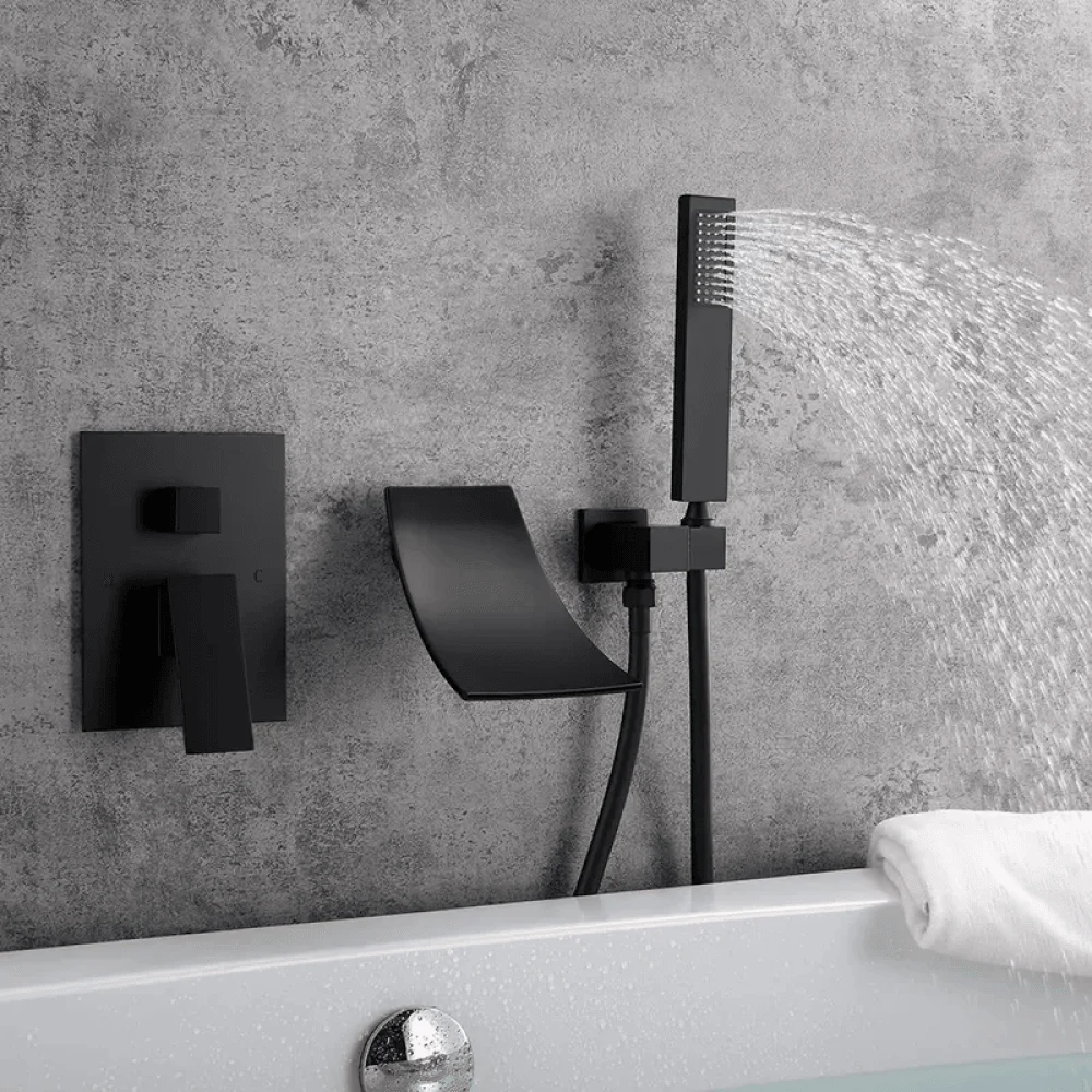 Modern Waterfall Wall-Mount Tub Filler Tap Single Handle & Handshower -Bathlova