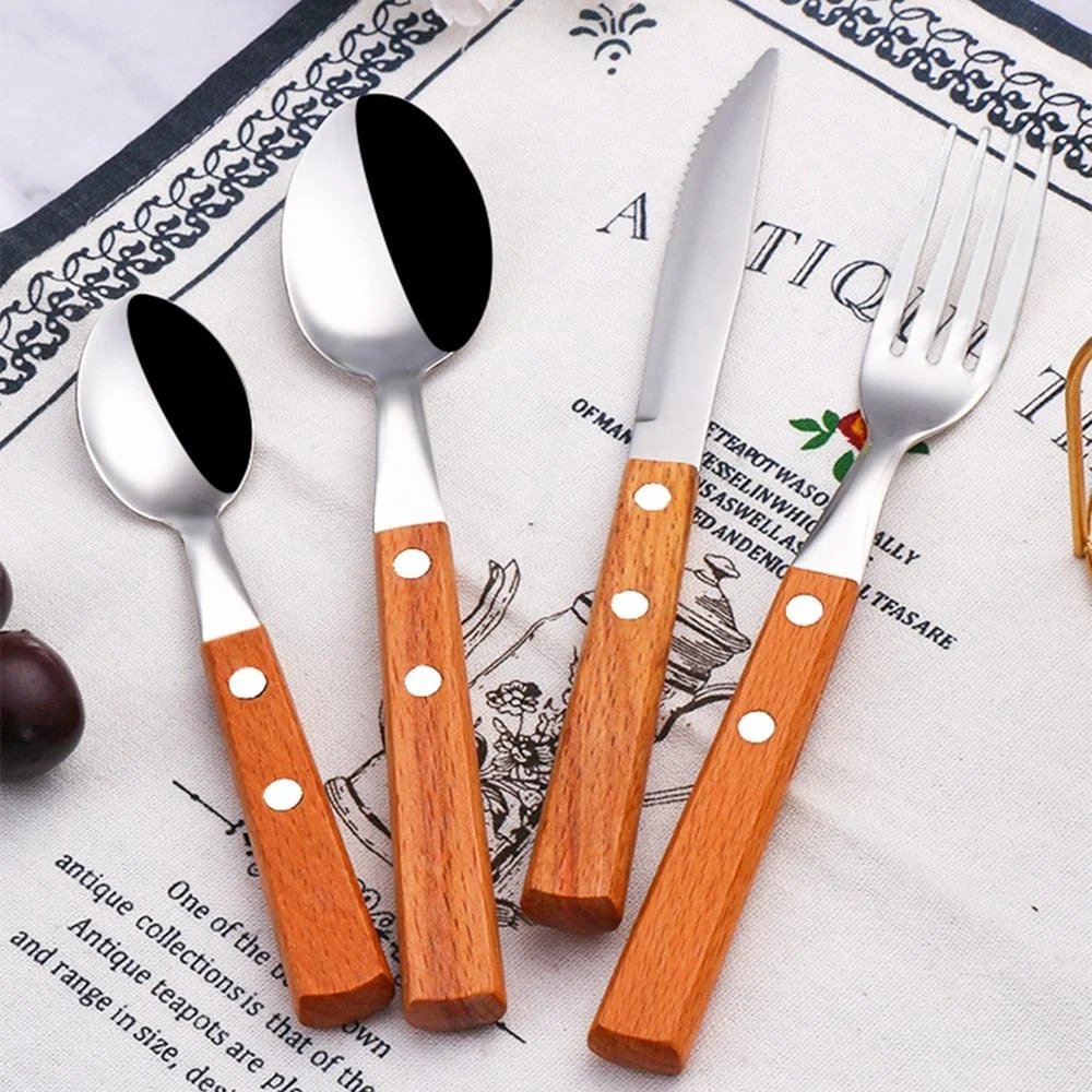 Oak - Rustic Wood Handle Stainless Steel Silverware Set -Bathlova