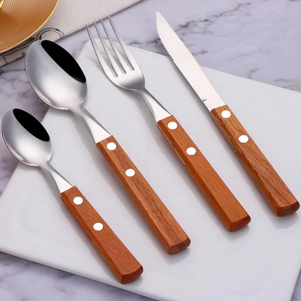 Oak - Rustic Wood Handle Stainless Steel Silverware Set -Bathlova