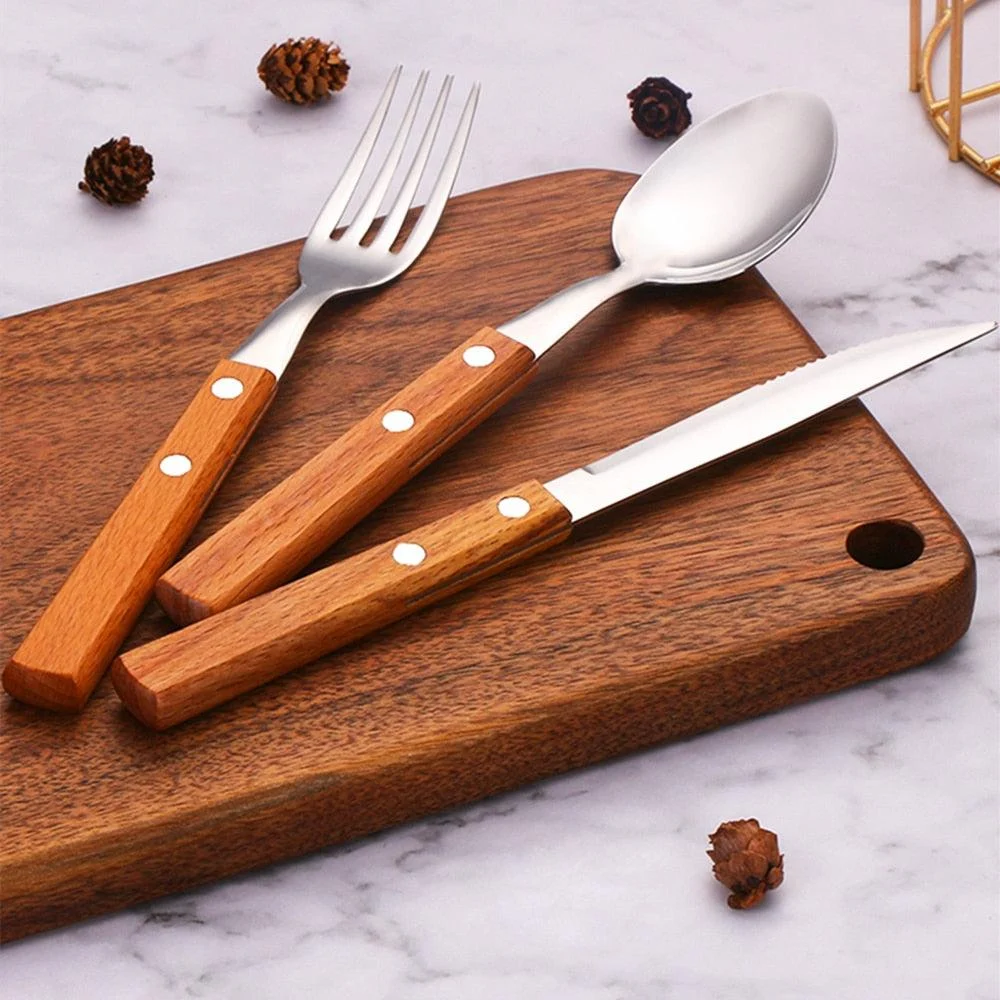 Oak - Rustic Wood Handle Stainless Steel Silverware Set -Bathlova