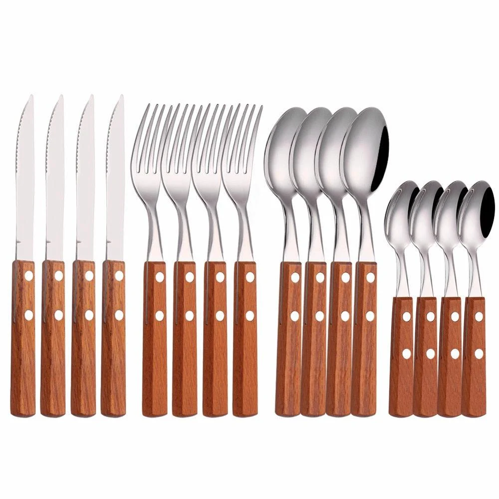 Oak - Rustic Wood Handle Stainless Steel Silverware Set -Bathlova