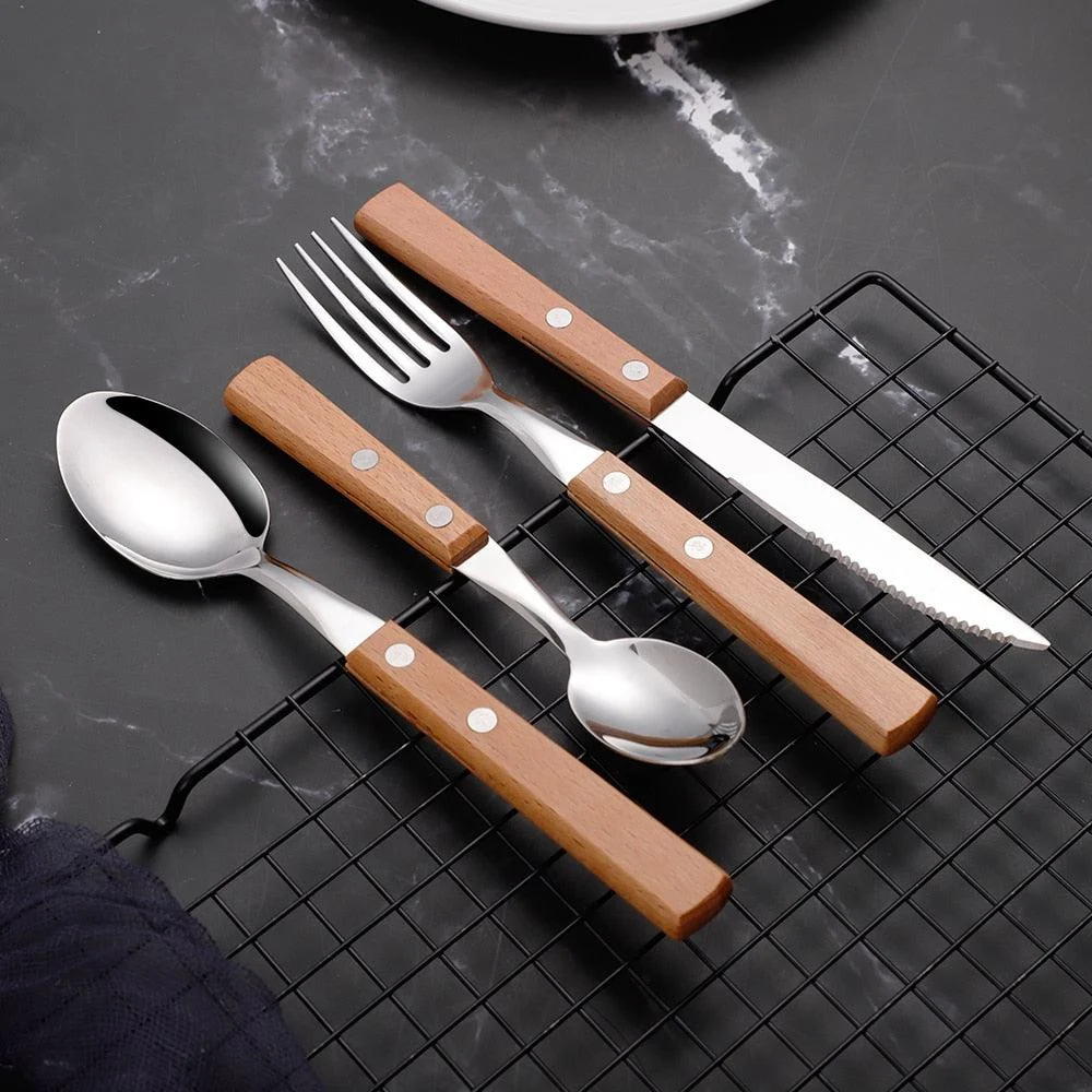 Oak - Rustic Wood Handle Stainless Steel Silverware Set -Bathlova