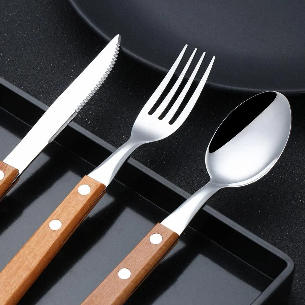 Oak - Rustic Wood Handle Stainless Steel Silverware Set -Bathlova