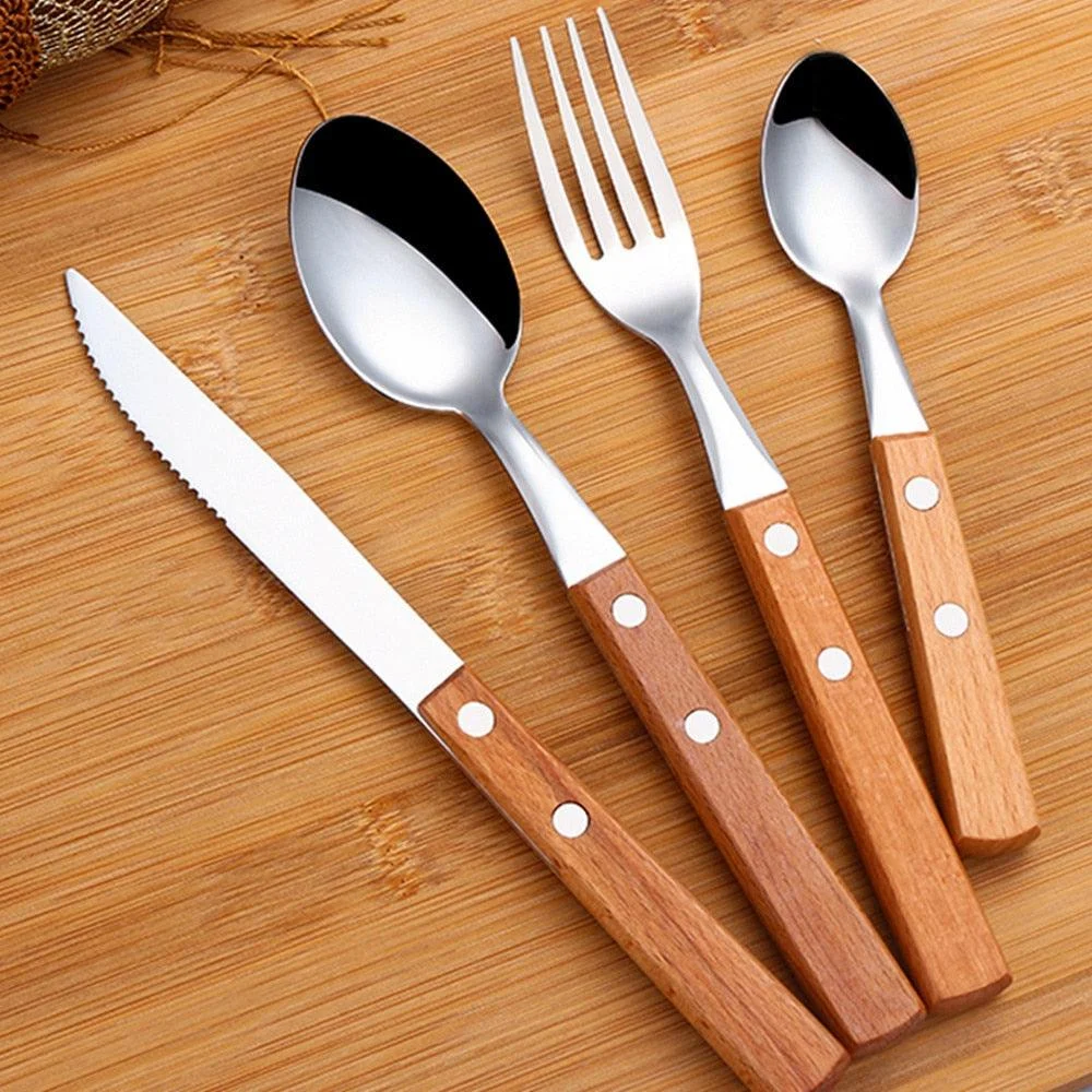 Oak - Rustic Wood Handle Stainless Steel Silverware Set -Bathlova