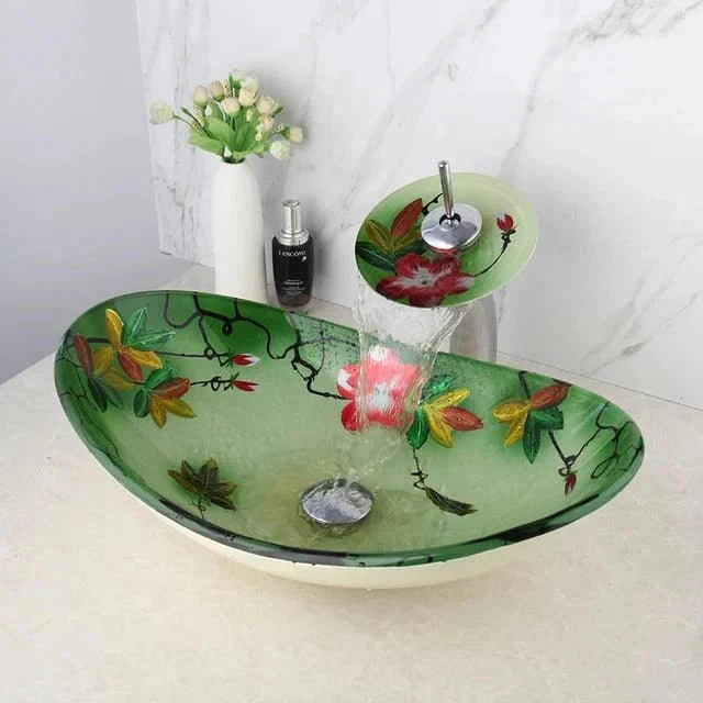 Oval Tempered Glass Hand Painted Waterfall Spout Basin Sink Tap -Bathlova