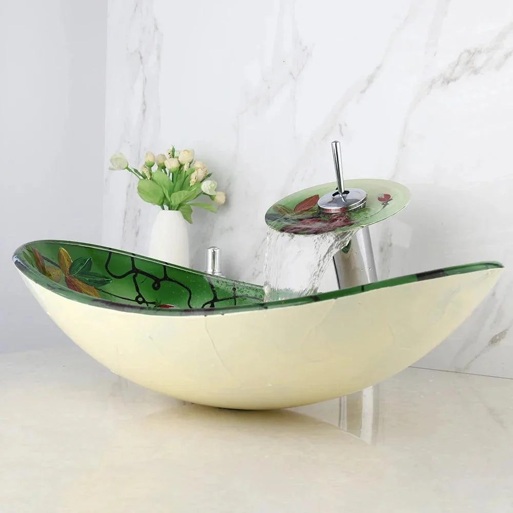 Oval Tempered Glass Hand Painted Waterfall Spout Basin Sink Tap -Bathlova