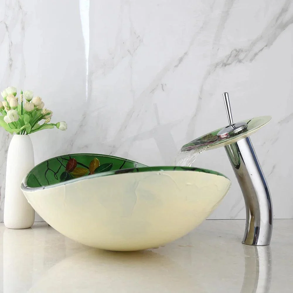 Oval Tempered Glass Hand Painted Waterfall Spout Basin Sink Tap -Bathlova