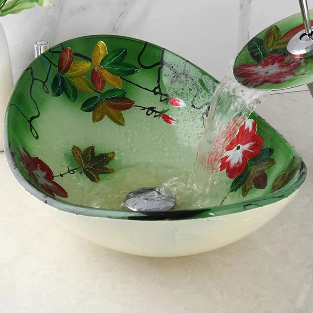 Oval Tempered Glass Hand Painted Waterfall Spout Basin Sink Tap -Bathlova