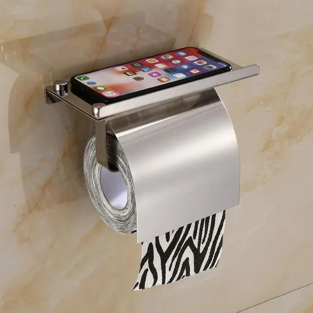 Paper Holder Stainless Steel Paper Roll Holder With Phone Storage Shelf -Bathlova