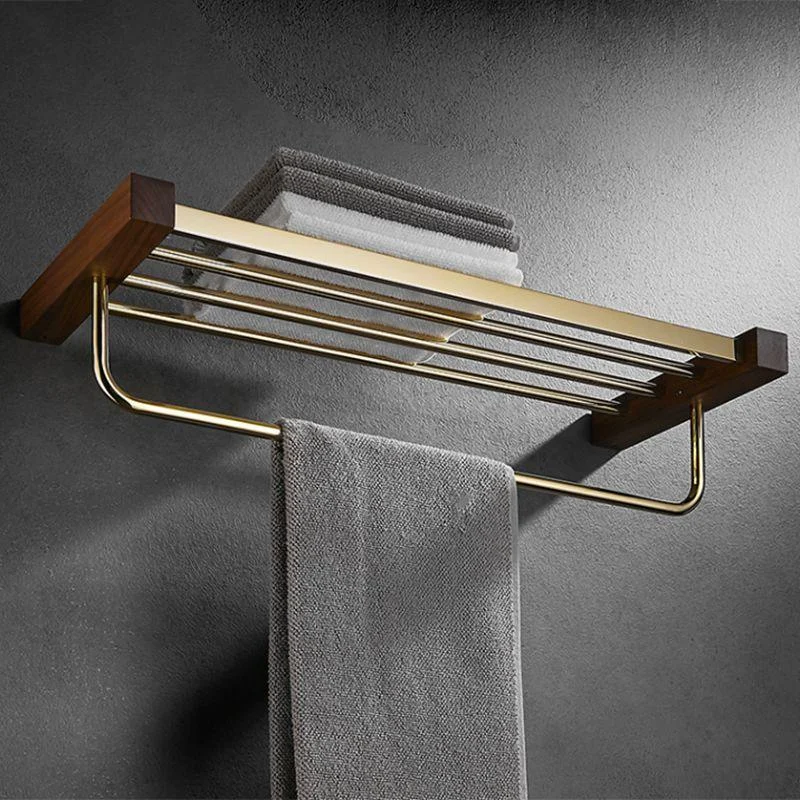 Polished Brass Bathroom Hardware Set Metal & Wood Bathroom Set with Bath Shelf/Towel Bar -Bathlova