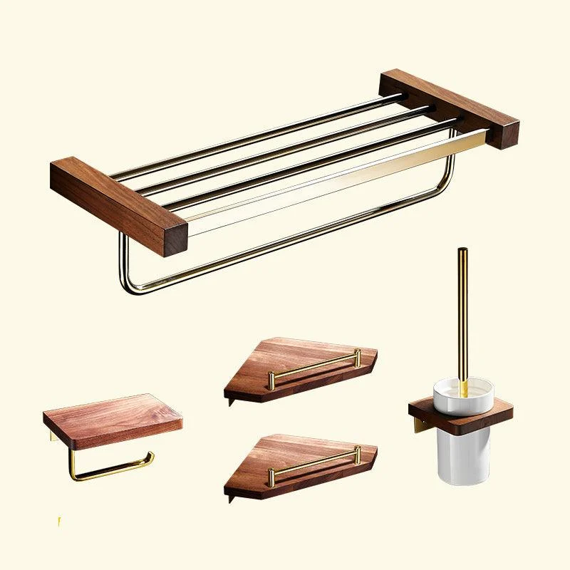 Polished Brass Bathroom Hardware Set Metal & Wood Bathroom Set with Bath Shelf/Towel Bar -Bathlova