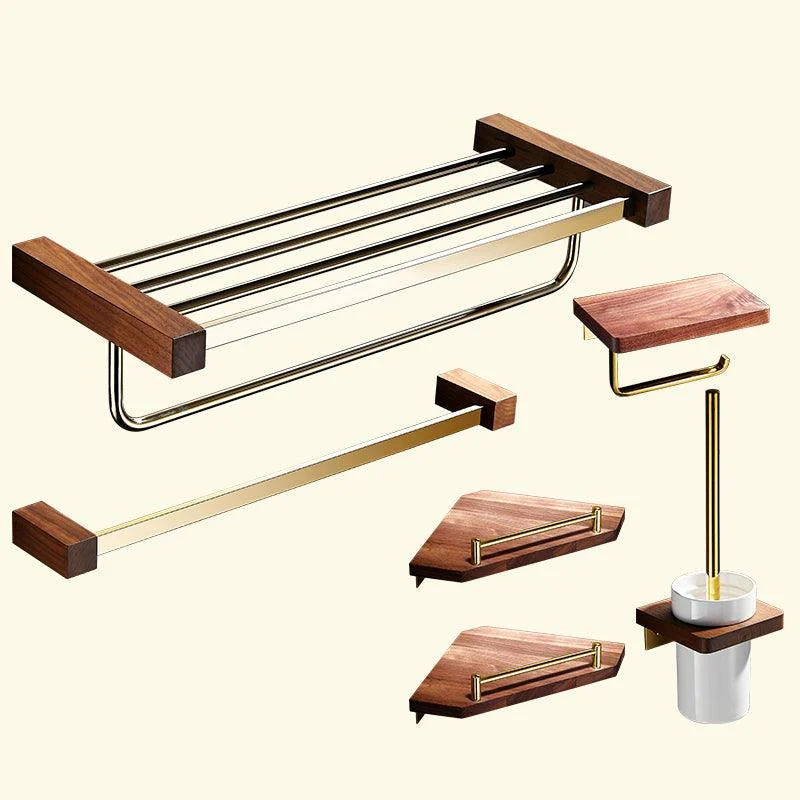 Polished Brass Bathroom Hardware Set Metal & Wood Bathroom Set with Bath Shelf/Towel Bar -Bathlova