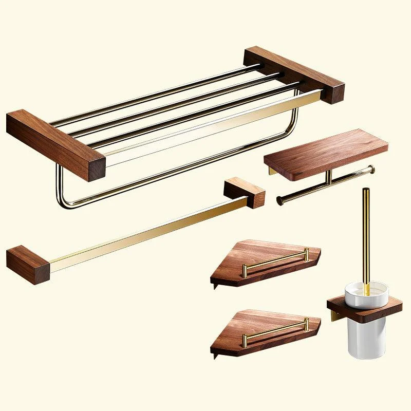 Polished Brass Bathroom Hardware Set Metal & Wood Bathroom Set with Bath Shelf/Towel Bar -Bathlova