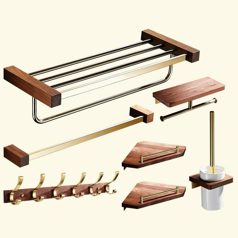 Polished Brass Bathroom Hardware Set Metal & Wood Bathroom Set with Bath Shelf/Towel Bar -Bathlova