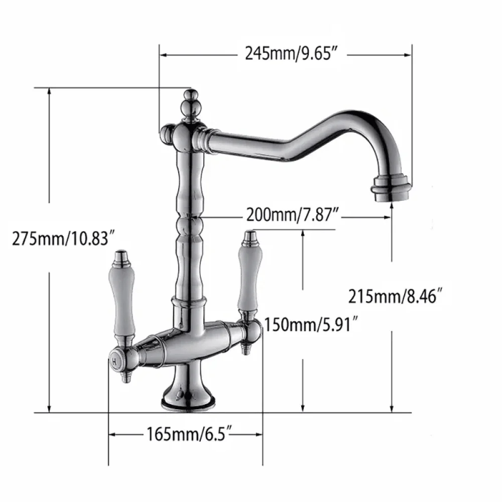 Porcelain Double Handles Brass Kitchen Tap in Polished Chrome -Bathlova