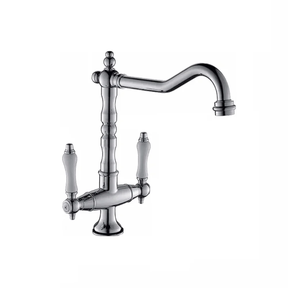 Porcelain Double Handles Brass Kitchen Tap in Polished Chrome -Bathlova