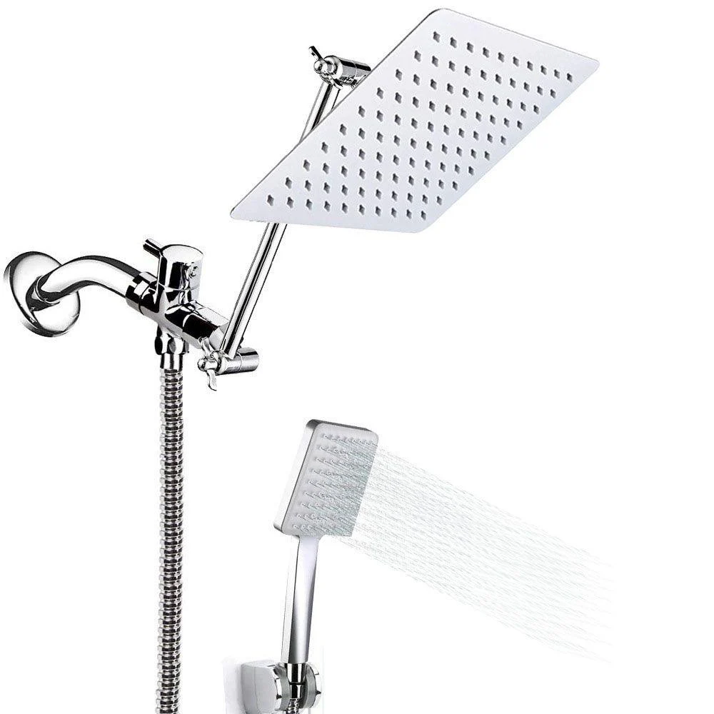 Pull down Dual Shower Head Square High Arch Shower Head Combo in Chrome -Bathlova