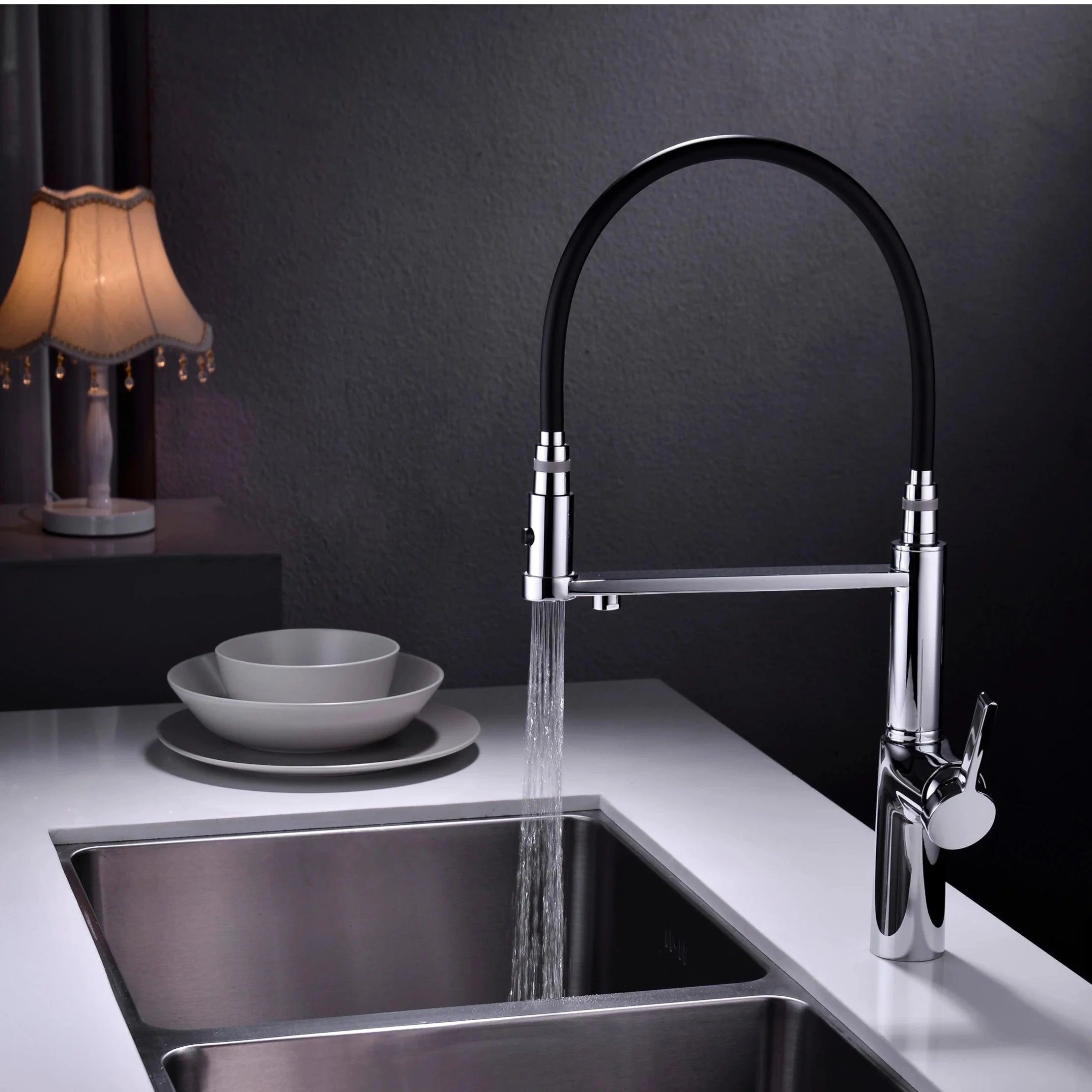 Pull Down Kitchen Sink Tap Water Mixer Tap with Dual Spout Deck Tap -Bathlova