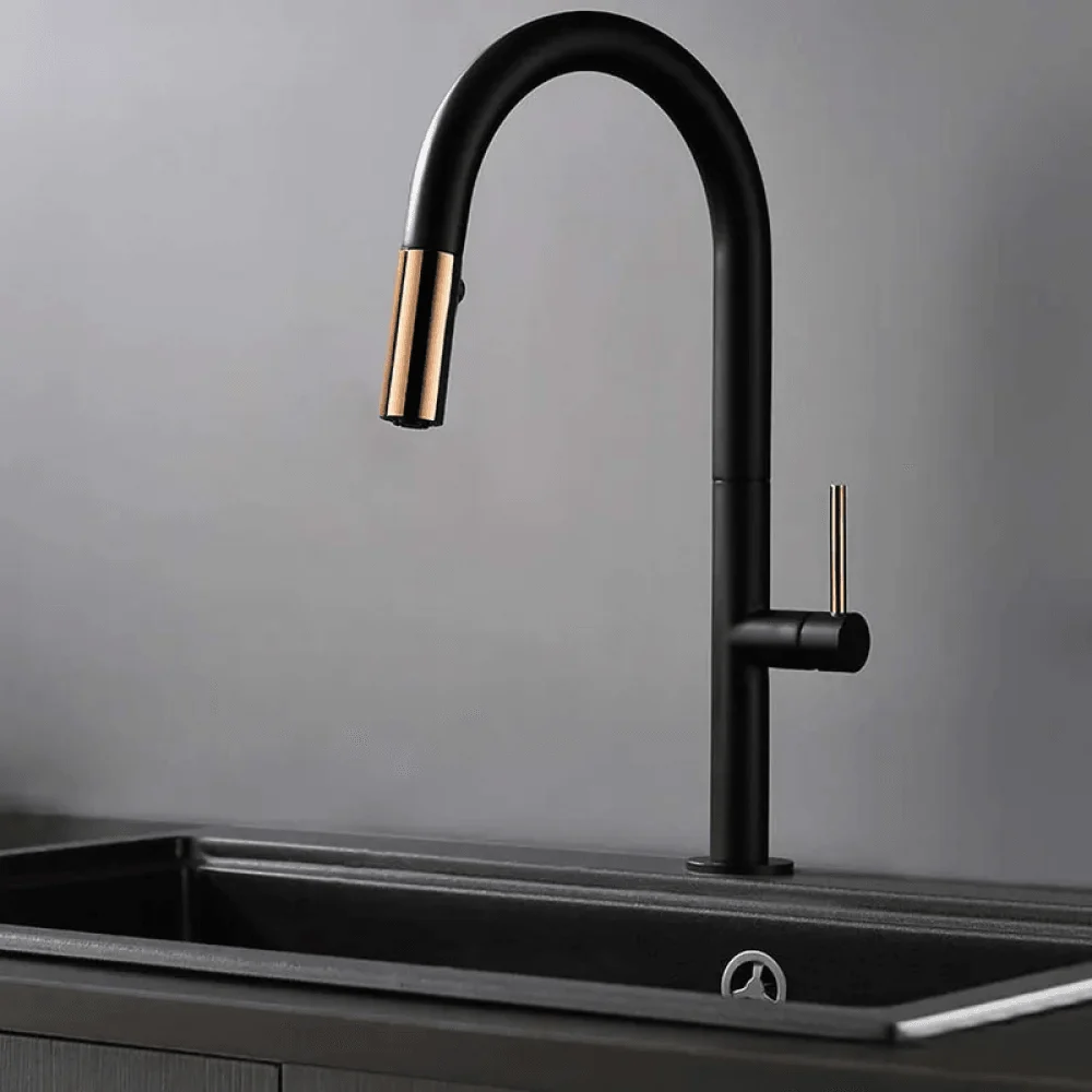 Pull Down Sprayer Kitchen Tap with Double Function in Black & Gold -Bathlova