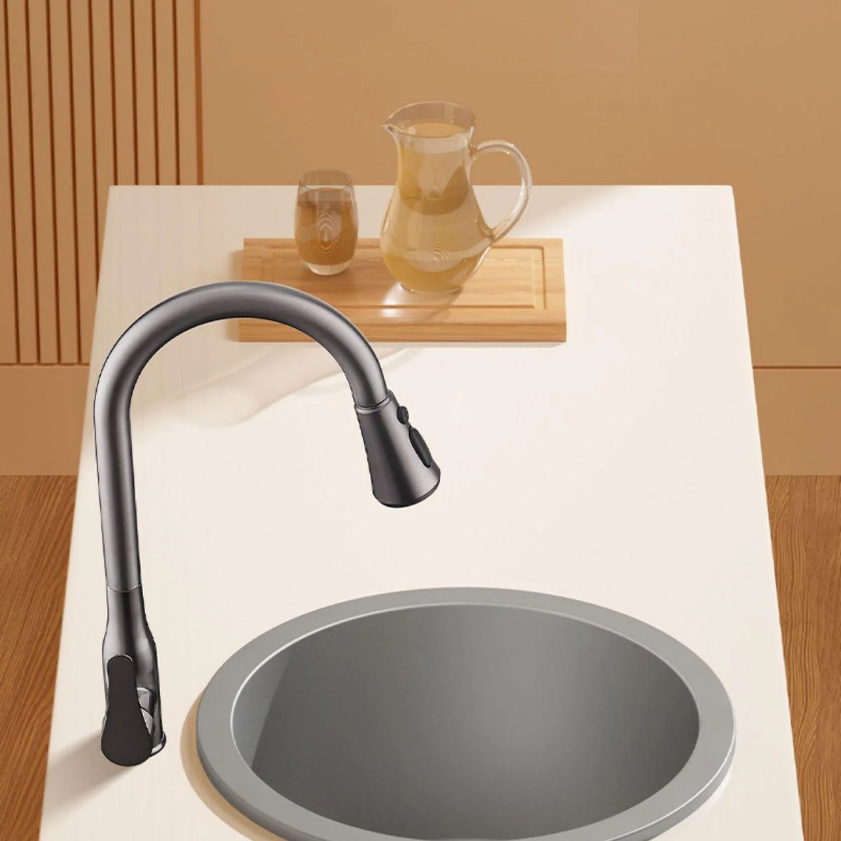 Quartz Kitchen Sink Round Single Bowl Kitchen Sink with Drain Assembly -Bathlova