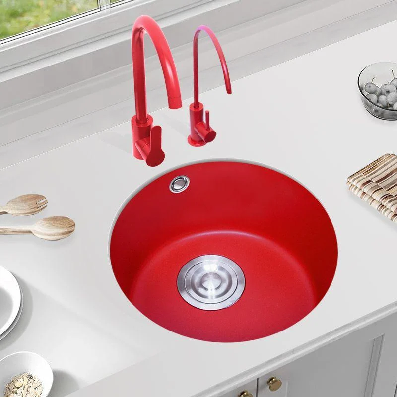 Quartz Kitchen Sink Single Bowl Red Round Kitchen Sink with Drain Assembly -Bathlova