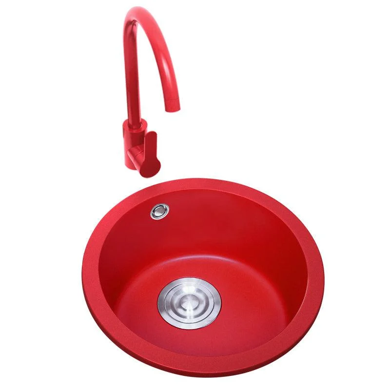 Quartz Kitchen Sink Single Bowl Red Round Kitchen Sink with Drain Assembly -Bathlova