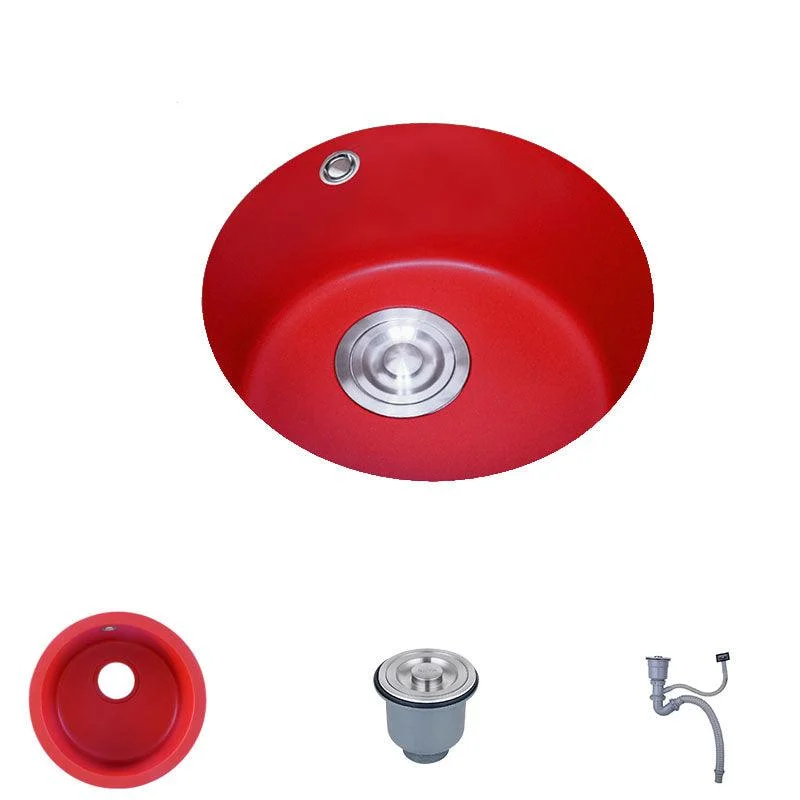 Quartz Kitchen Sink Single Bowl Red Round Kitchen Sink with Drain Assembly -Bathlova