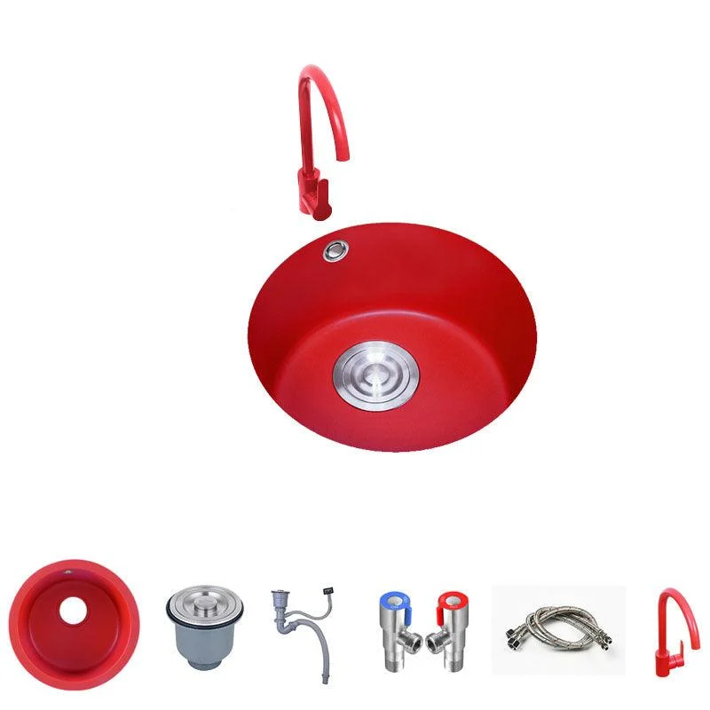 Quartz Kitchen Sink Single Bowl Red Round Kitchen Sink with Drain Assembly -Bathlova