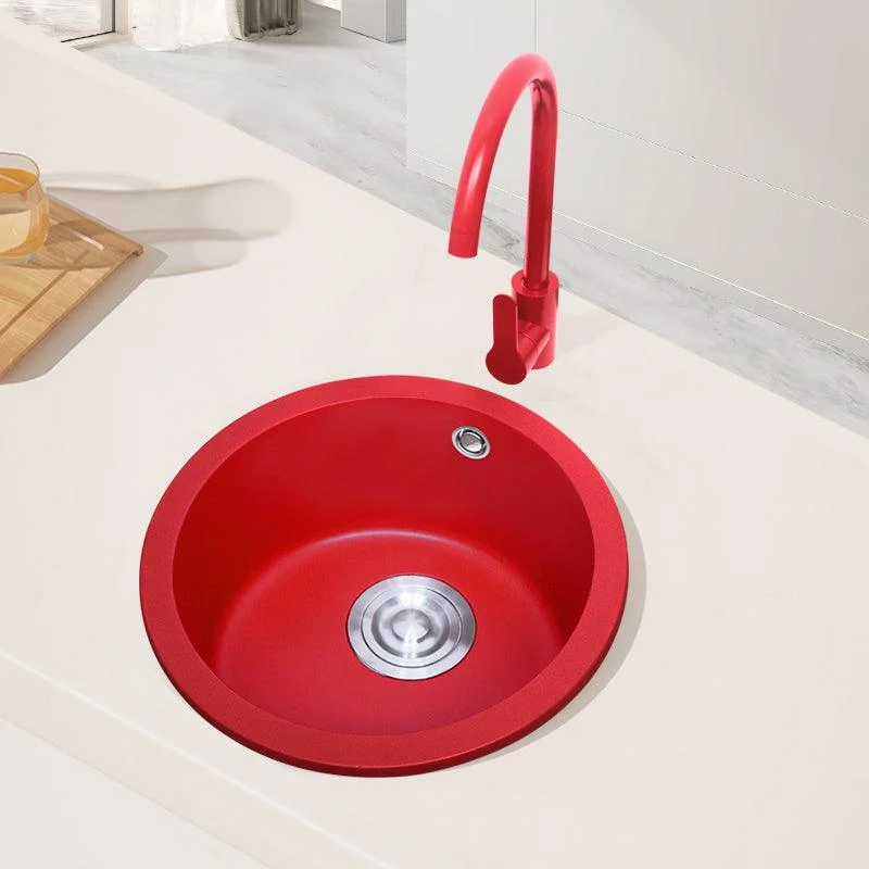 Quartz Kitchen Sink Single Bowl Red Round Kitchen Sink with Drain Assembly -Bathlova