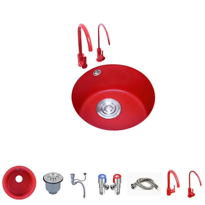 Quartz Kitchen Sink Single Bowl Red Round Kitchen Sink with Drain Assembly -Bathlova