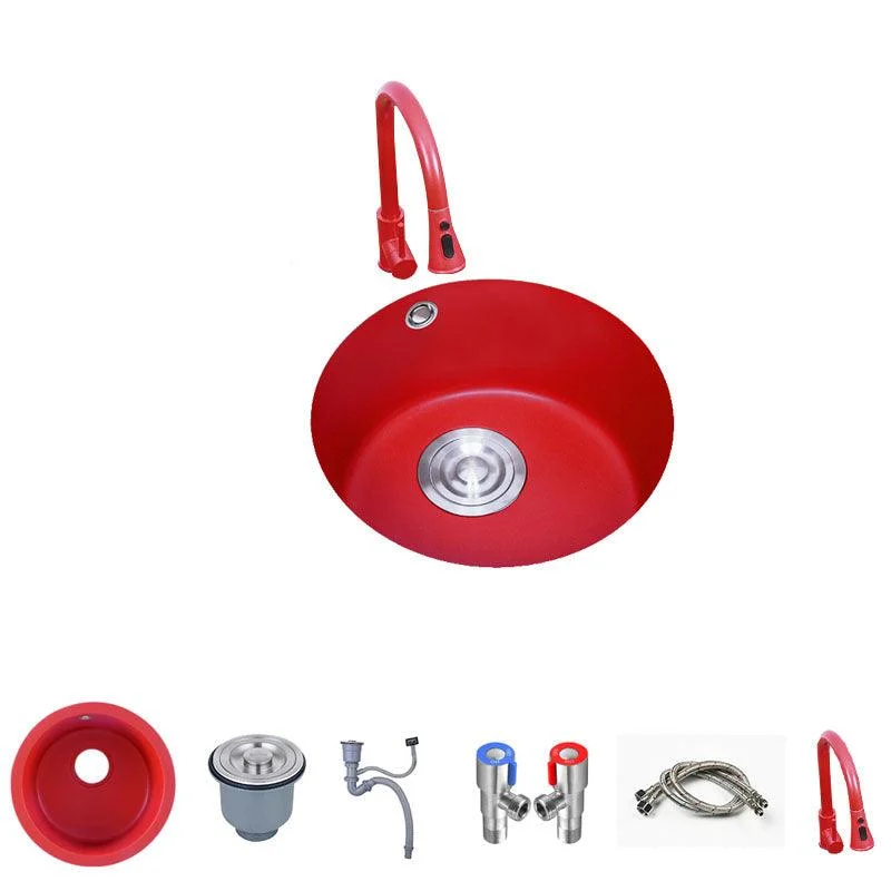 Quartz Kitchen Sink Single Bowl Red Round Kitchen Sink with Drain Assembly -Bathlova