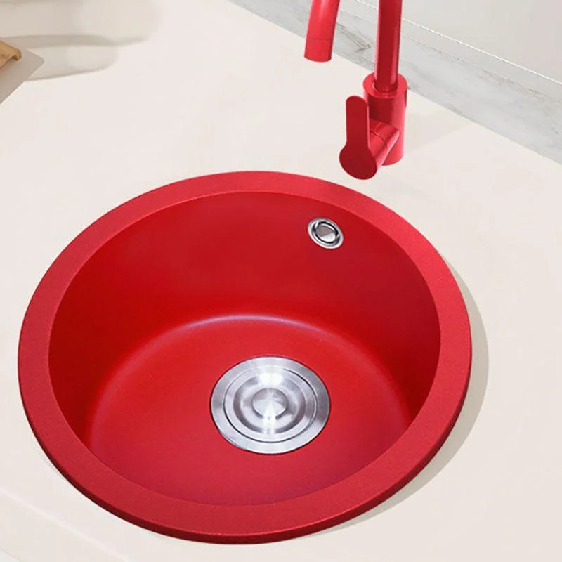 Quartz Kitchen Sink Single Bowl Red Round Kitchen Sink with Drain Assembly -Bathlova