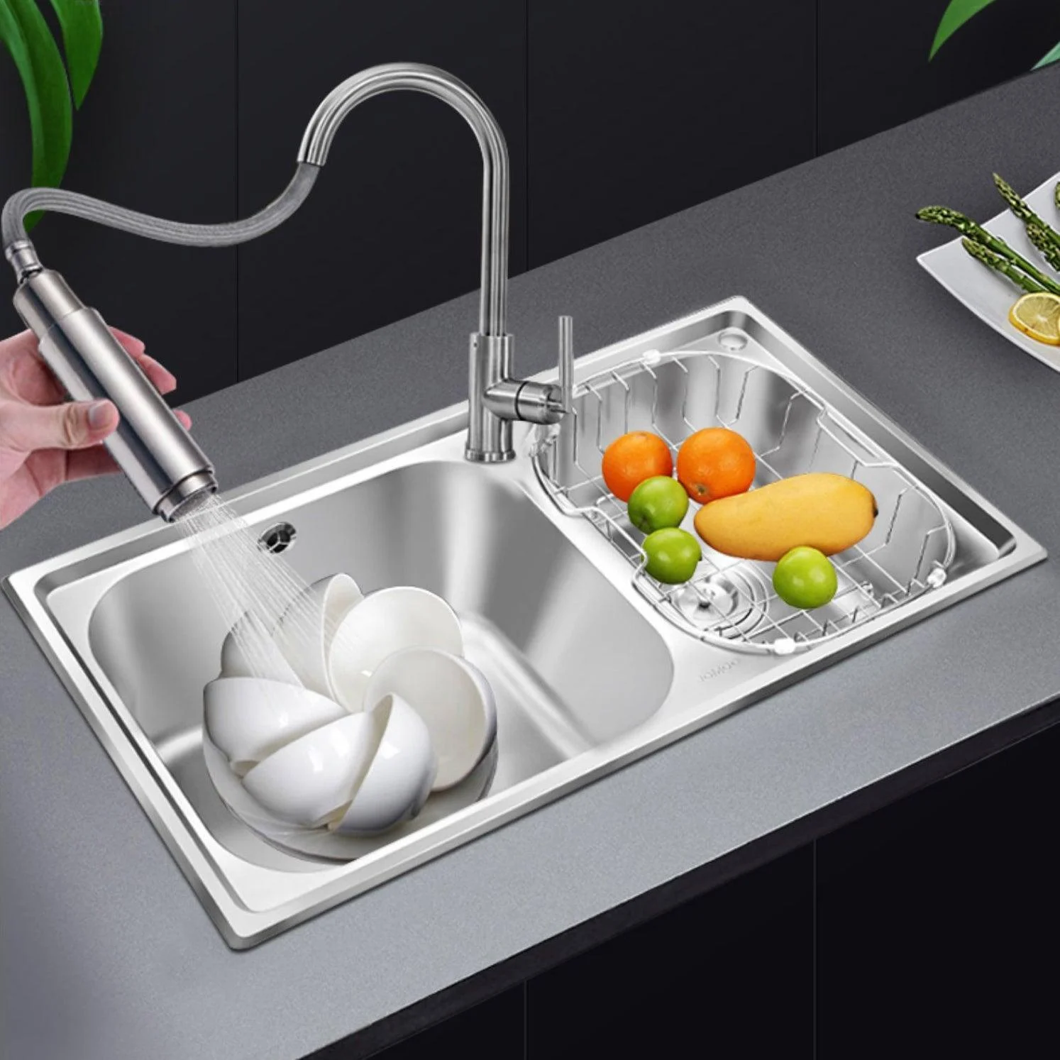 Rectangle 2 Holes Kitchen Sink Stainless Steel Double Basin Sink -Bathlova